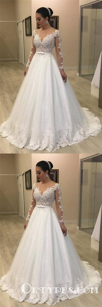 Elegant A-Line Round Neck Long Sleeve White Lace Wedding Dresses, TYP1948