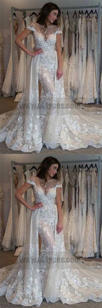 Dramatic Mermaid Wedding Dresses, Bateau Short Sleeves Detachable Train Wedding Dresses, TYP0734