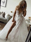 Sexy V-neck Lace Side Slit A-line Long Cheap Wedding Dresses, WDS0075