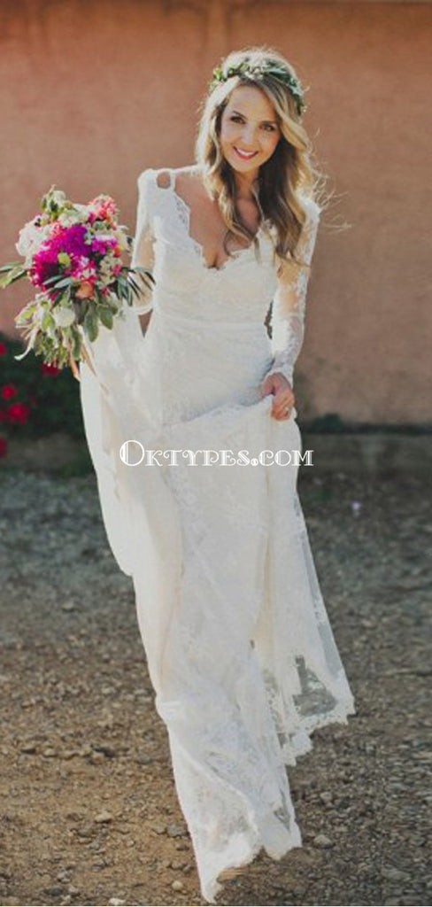 Sheath V-neck Backless Long Sleeves Lace Boho Wedding Dresses, TYP1411