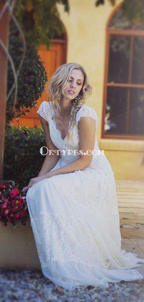 Simple A-Line Scoop Long Cheap Cap Sleeves Lace Beach Wedding Dresses, TYP1078