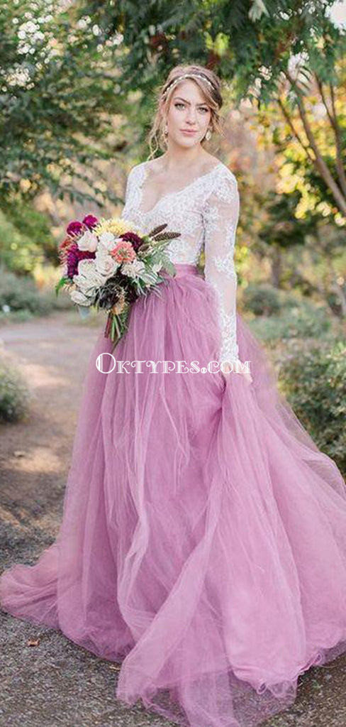 A-Line V-Neck Long Sleeves Pink Tulle Wedding Dresses with Lace Appliques, TYP1017