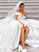 Off-The-Shoulder White Satin A-line Long Cheap Wedding Dresses, WDS0050