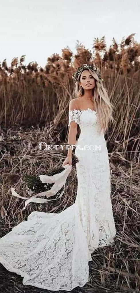 Ivory Mermaid Lace Rustic Off The Shoulder Beach Wedding Dresses, TYP1243