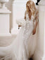 Long Sleeves V-neck Lace Mermaid Long Cheap Wedding Dresses, WDS0070