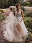 Charming V-neck Lace Appliqued Tulle A-line Long Cheap Wedding Dresses, WDS0044