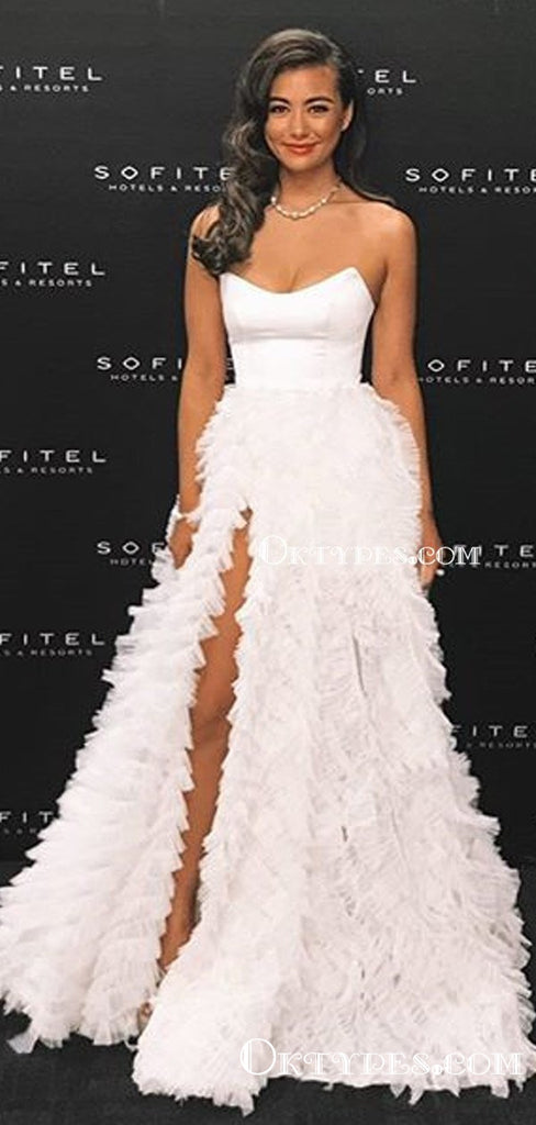 Sweetheart Elegant Sleeveless White Tulle High Side Slit A-line Long Cheap Evening Prom Dresses, PDS0007