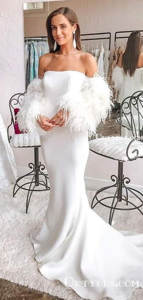 Eleagnt Off-The-Shoulder Long Sleeves Feathers Open Back Strapless White Sexy Mermaid Prom Dresses, PDS0049