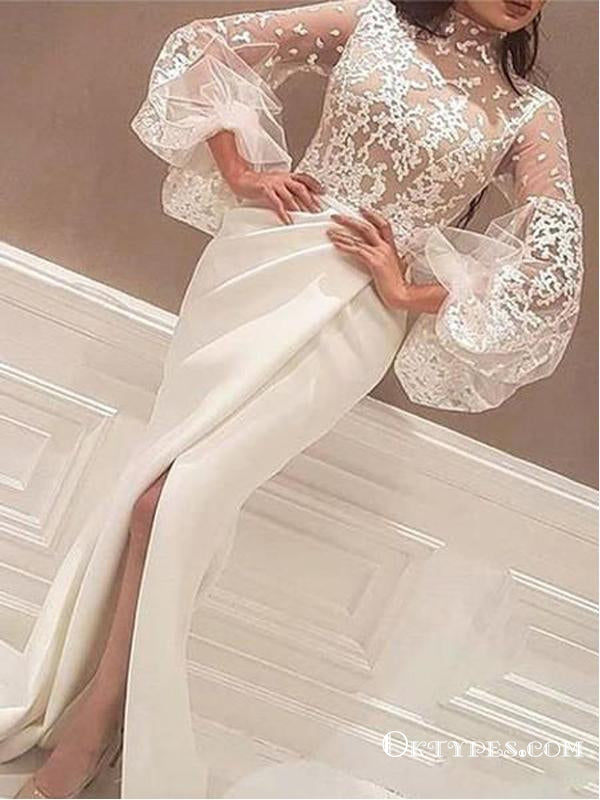 Unique Mermaid Round Neck Long Sleeves Split Ivory Lace Long Prom Dresses, TYP1728