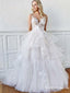 Romantic A-Line V Neck Open Back Tiered White Tulle Long Wedding Dresses, TYP1947