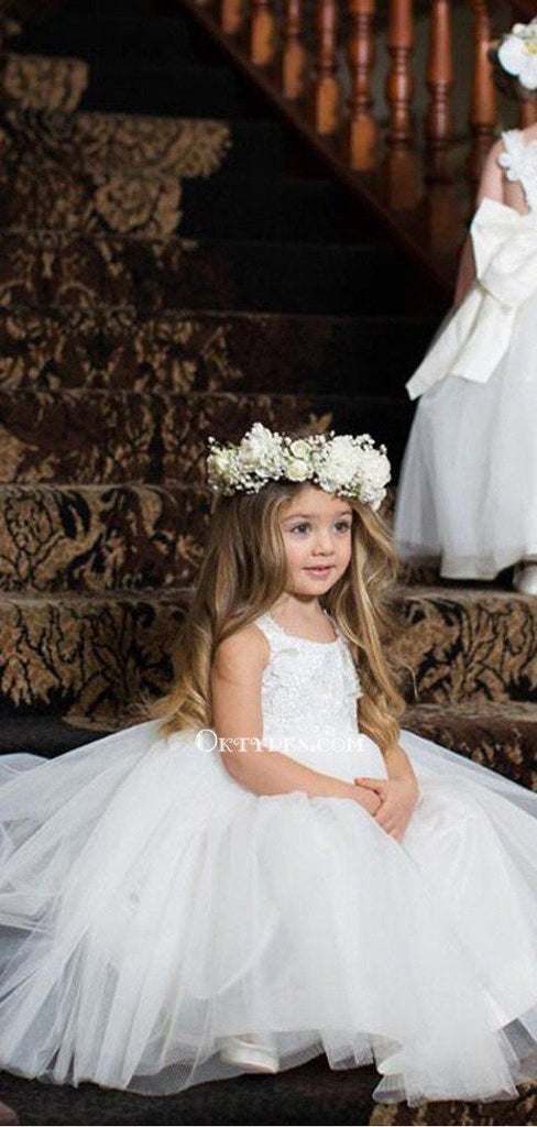 Cute Bateau White Tulle Lace Appliqued A-line Long Cheap Charming Flower Girl Dresses, FGS0016