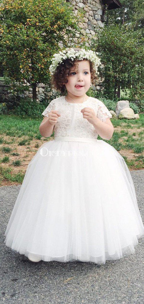 Charming Round Neck Short Sleeves White Tulle Long Cheap Flower Girl Dresses, FGS0020