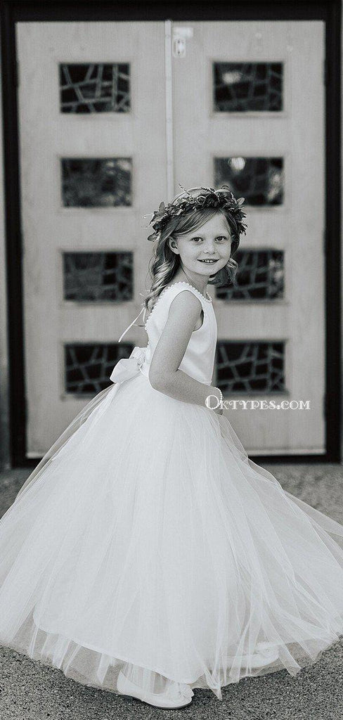 Cute Bateau Sleeveless White Tulle Long Cheap Charming Flower Girl Dresses, FGS0012