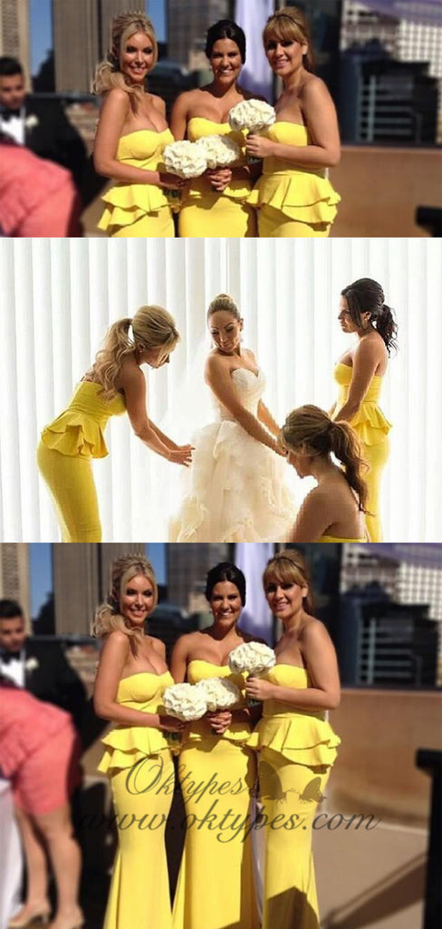 Unique strapless Yellow Long elastic satin Bridesmaid Dresses, TYP1557