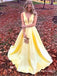 Simple Yellow V Neck A Line Satin Long Cheap Prom Dresses, TYP1784