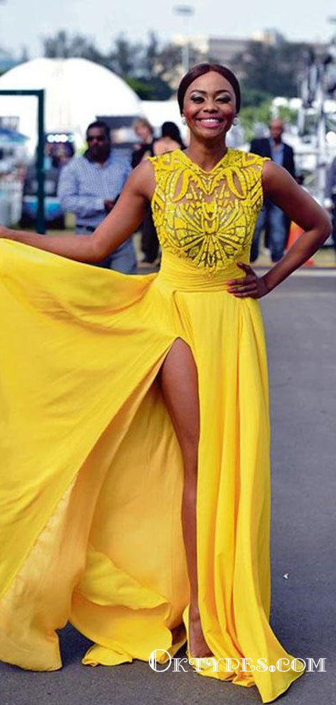 Yellow Chiffon Chiffon Simple Embroidery Cheap Long Prom Dresses, TYP1732