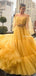 Off-The-Shoulder Yellow Beaded Long Sleeves A-line Long Cheap Tulle Formal Evening Gowns, Prom Dresses, PDS0070