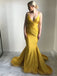 Mermaid Spaghetti Straps Long Cheap Ruched Yellow Satin Prom Dresses, TYP1337