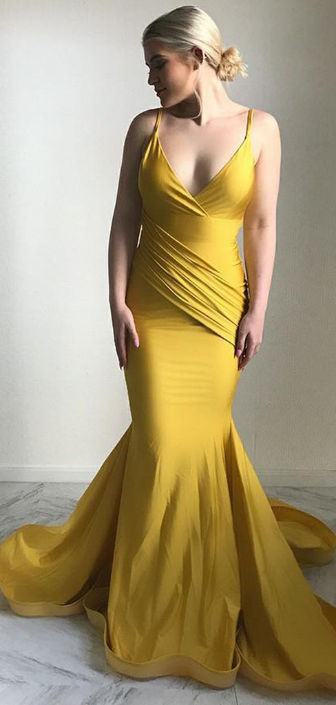 Mermaid Spaghetti Straps Long Cheap Ruched Yellow Satin Prom Dresses, TYP1337