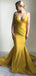 Mermaid Spaghetti Straps Long Cheap Ruched Yellow Satin Prom Dresses, TYP1337