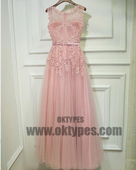 Princess Prom Dresses, Pink Prom Dresses, Long Prom Dresses With Belt/Sash/Ribbon Sleeveless Round, TYP0445